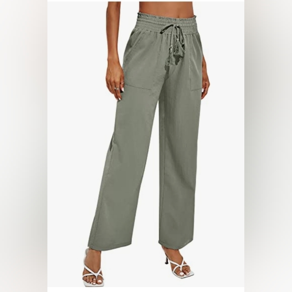 Women's Cotton Linen Pants Loose Elastic Waist Beach Trousers Size Large Olive